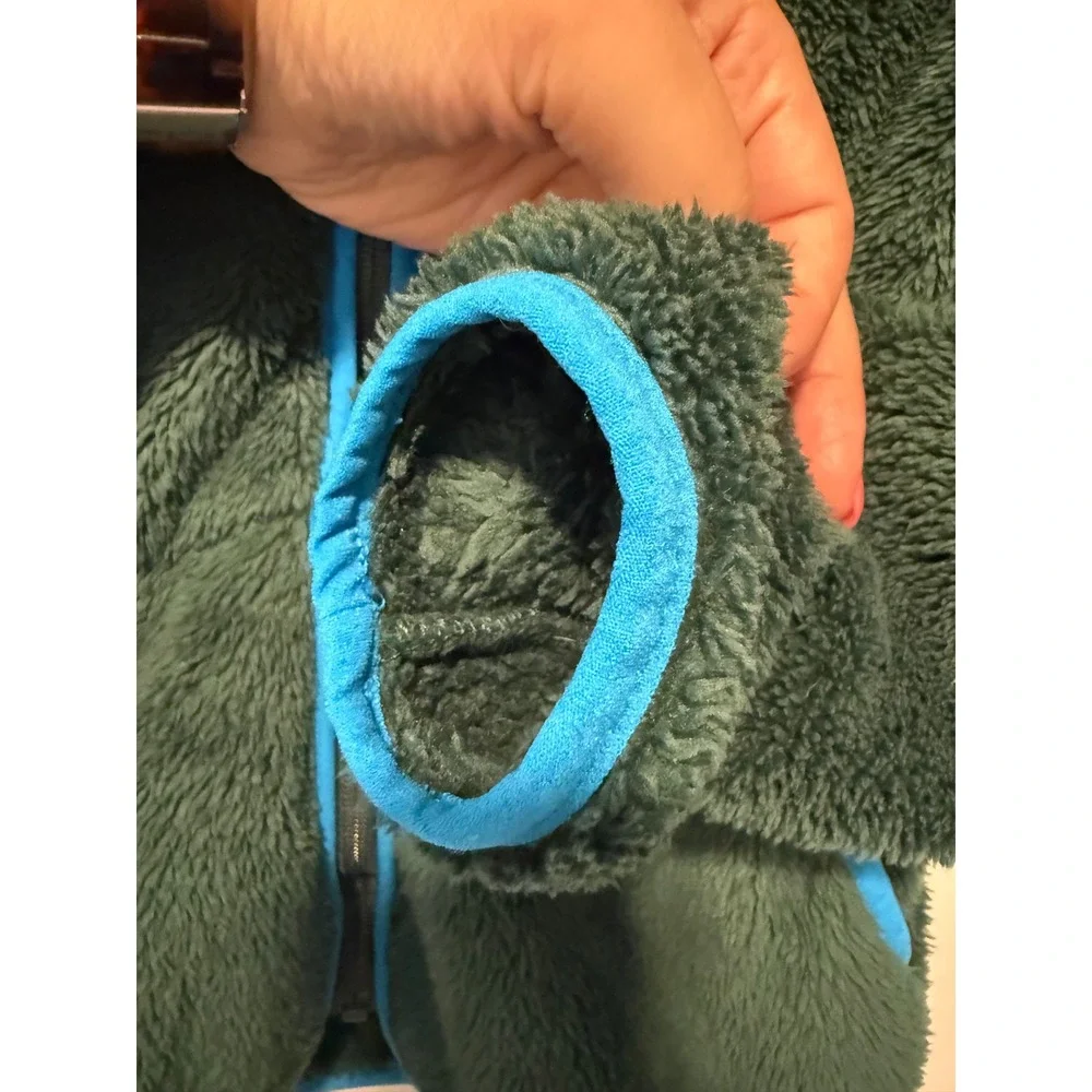 Hanna Andersson Kids Green High Pile Fleece Full Zip Hoodie Jacket Blue Trim 6-7